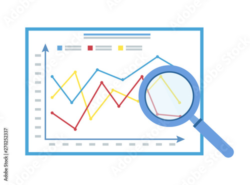 Magnifying glass on analytic diagrams, search concept. Vector monitoring of business issues, analyzing of projects. Report and data zoom, magnifier and research