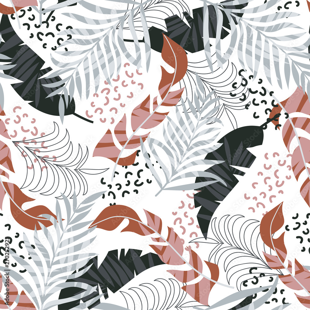 Obraz Summer seamless pattern with tropical plants and leaves on white background. Vector design. Jungle print. Textiles and printing.
