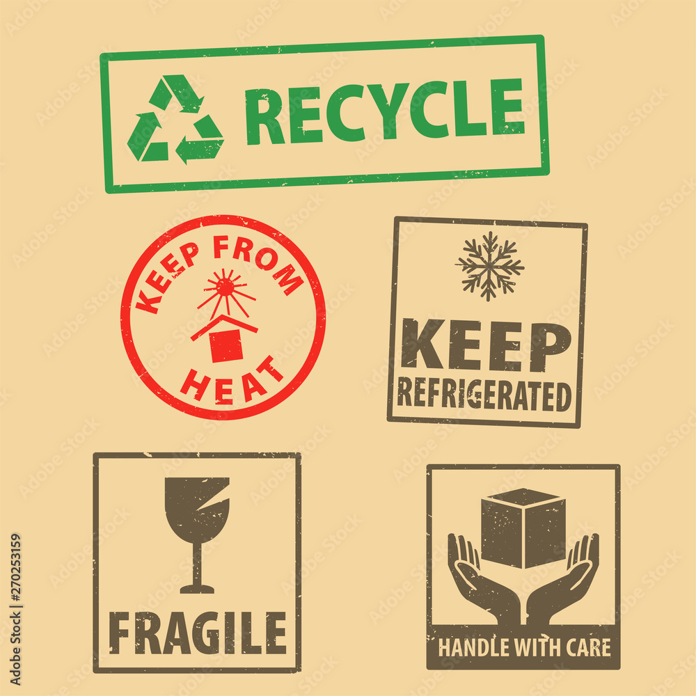Set of fragile sticker keep refrigerated and case icon packaging symbols sign, keep from heat rubber stamp on cardboard background, vector illustration. Use on package.