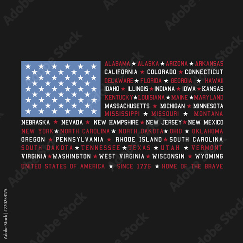 4th of July Fourth Independence Day Patriotic American USA Flag with 50 States listed in place of red and white stripes with stars holiday