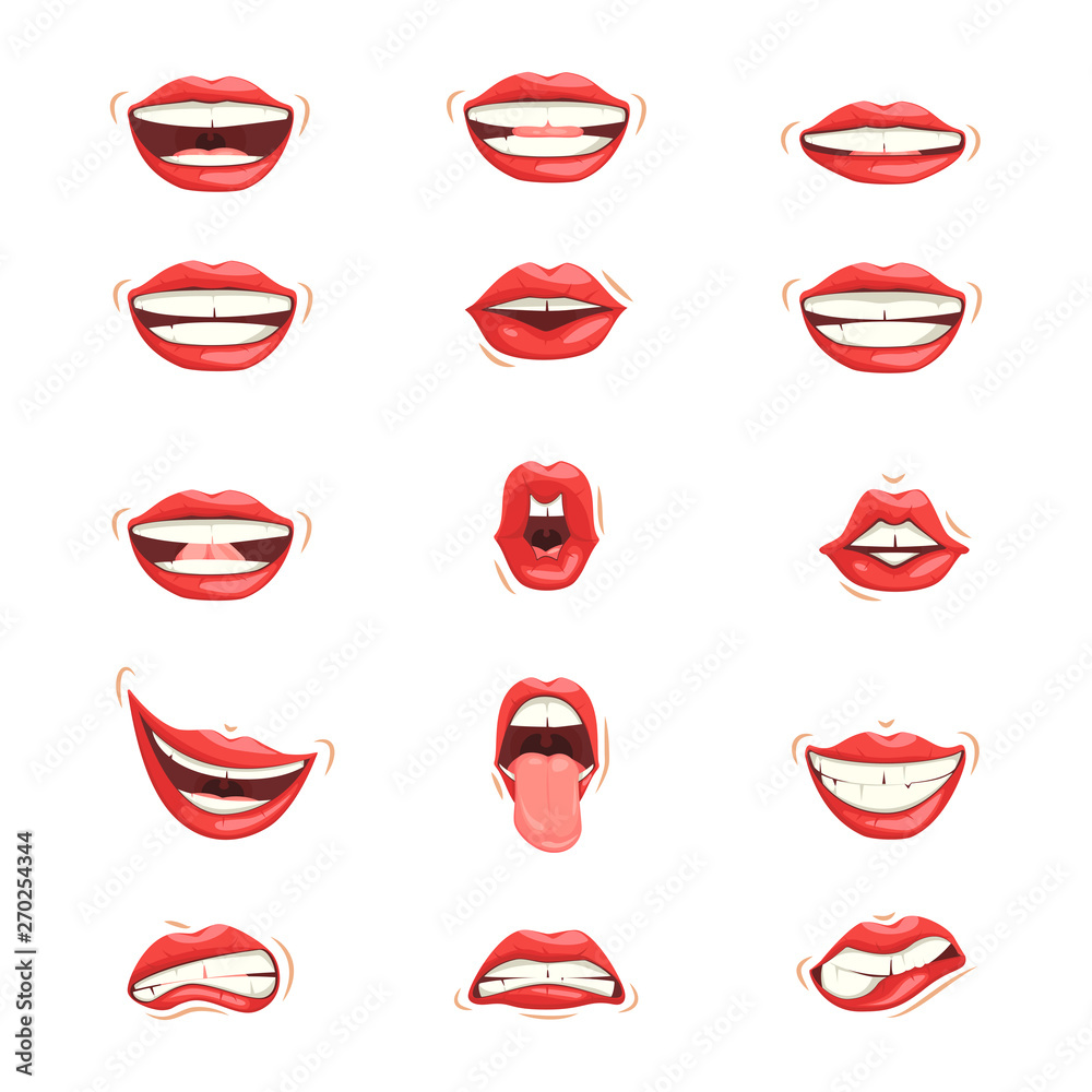 Set of red female lips. Various expressions of emotions, a collection of gestures. Female lips express different emotions. Set of red female lips. Various expressions of emotions, a collection of gestures. Female lips express different emotions.
