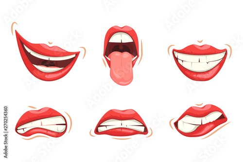 Set of red female lips. Various expressions of emotions, a collection of gestures. Female lips express different emotions.