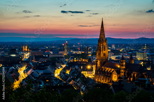 Germany, Enchanted romantic sunset light over city freiburg im breisgau in baden