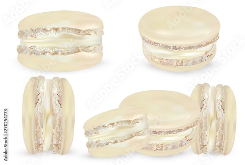 Set vanilla macaroon on white background. 3d realistic almond cookies. Vector illustrations.