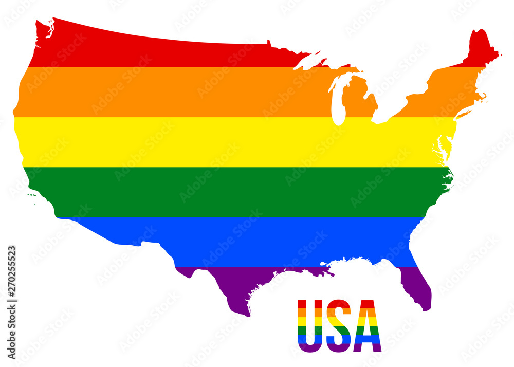 Obraz premium USA Map in LGBT Rainbow Flag Comprised Six Stripes With USA LGBT Text