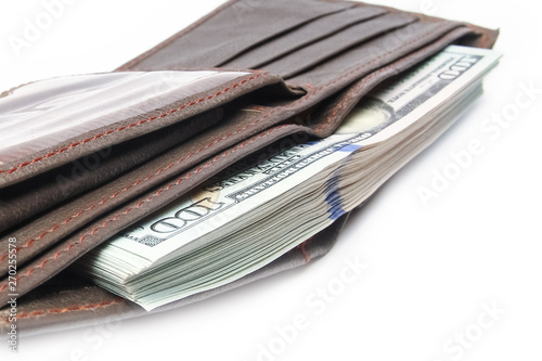 dollar business money in a purse on a white background