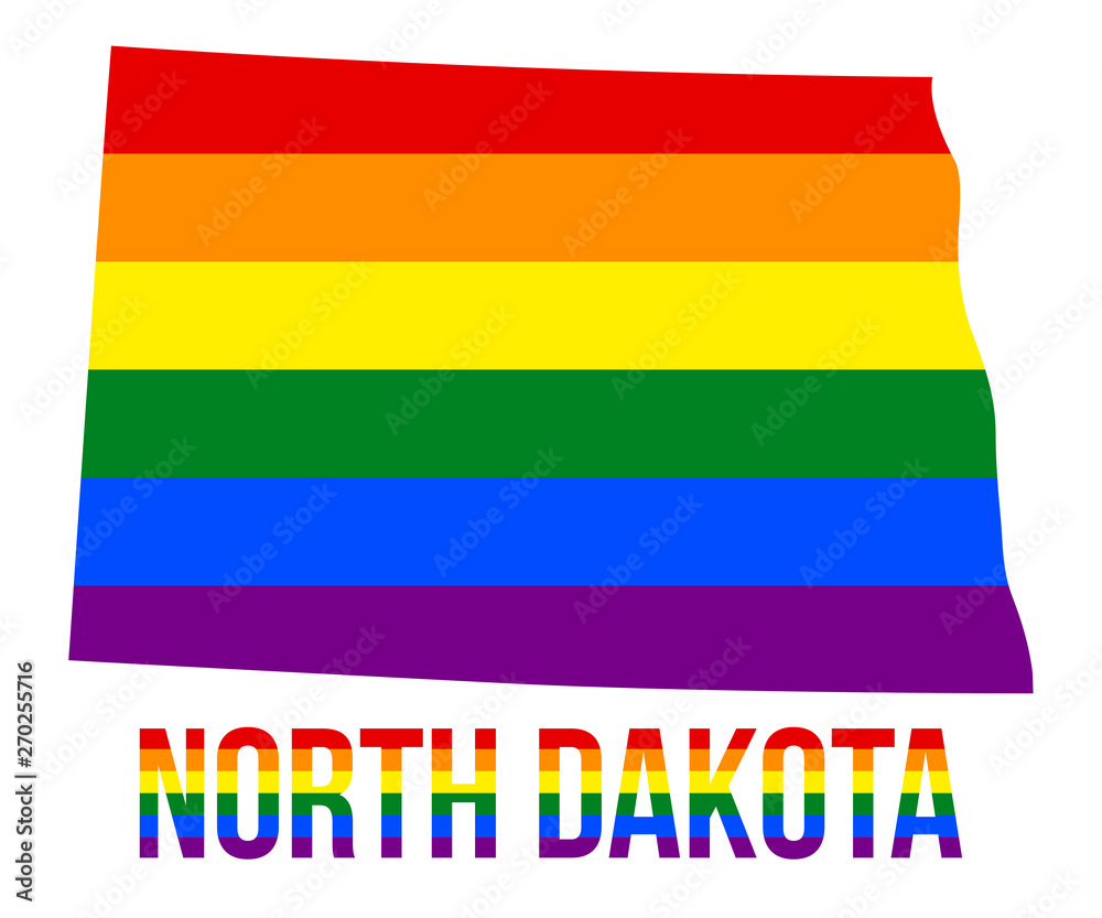 Obraz premium North Dakota State Map in LGBT Rainbow Flag Comprised Six Stripes With North Dakota LGBT Text