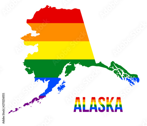 Alaska State Map in LGBT Rainbow Flag Comprised Six Stripes With Alaska LGBT Text photo