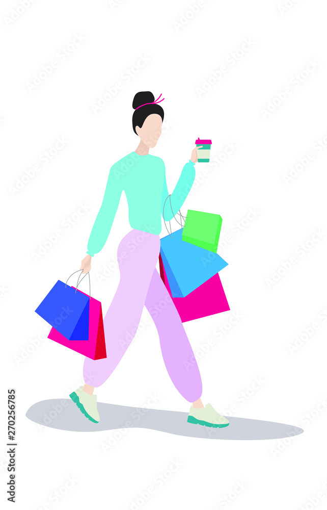 Woman shopping bags. Isolated fashion shopper girl silhouette in bright clothes. Vector Illustration. Woman with shopping bags and with cup of coffee walking.