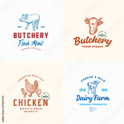 Farm Meat, Poultry and Dairy Logos Set. Abstract Vector Signs or Symbols Templates. Hand Drawn Domestic Animals and Birds with Retro Typography. Vintage Emblems.