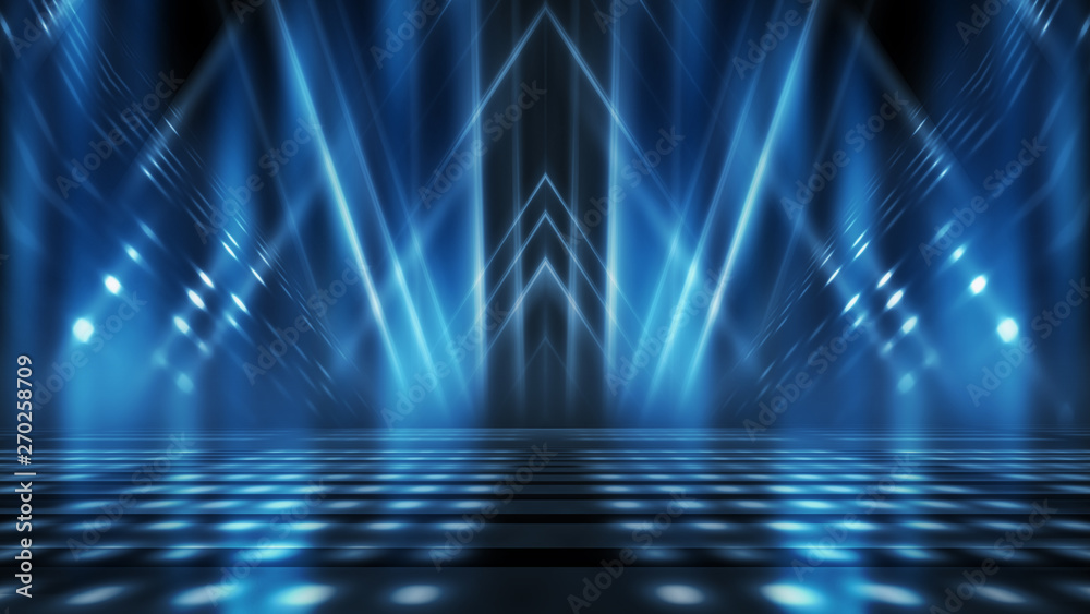 Background of empty stage show. Neon light and laser show. Laser futuristic shapes on a dark background. Abstract dark background with neon glow - obrazy, fototapety, plakaty 