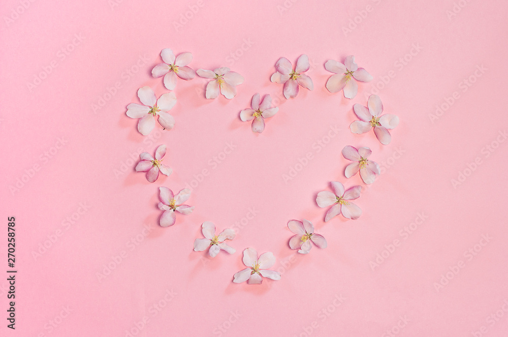  heart of apple flowers on a pink background
