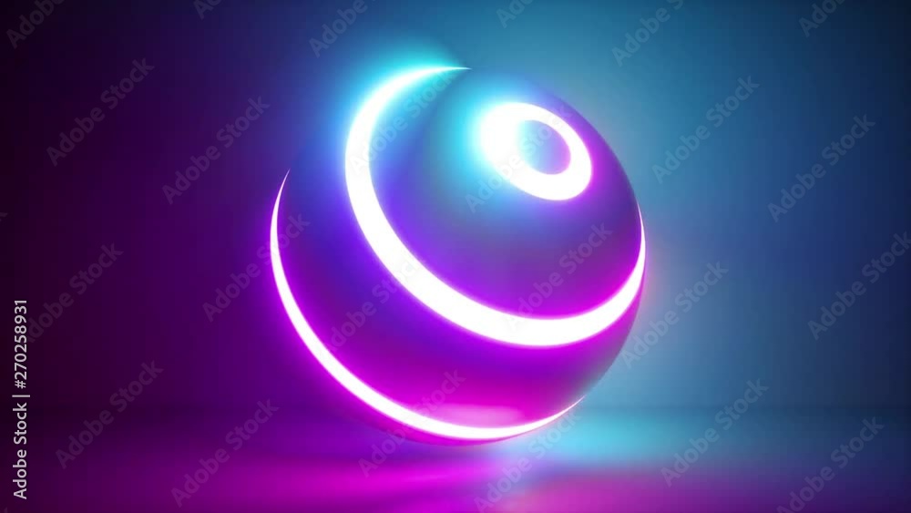 3d rendering, abstract neon background, white rings going over ball illuminated with pink blue light, isolated object in ultraviolet spectrum, looped animation