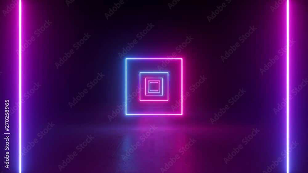 abstract neon background, flying back through rectangular corridor, long tunnel, appearing glowing pink blue square shapes, ultraviolet spectrum