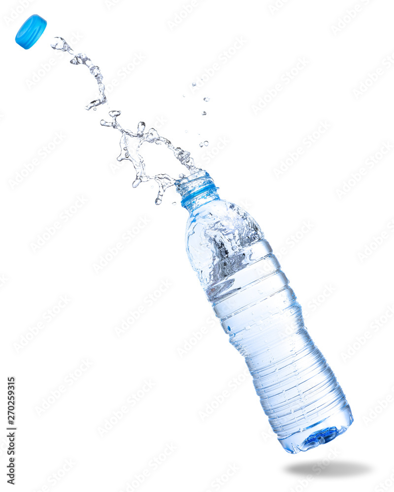 Water splash out of bottle isolated on white background. Stock Photo ...