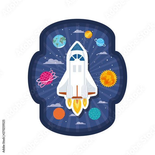 frame with rocket flying and planets of the solar system