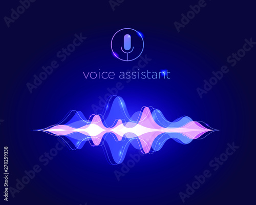 Voice assistant sound wave. Microphone voice control technology, voice and sound recognition. Vector AI assistant voice background