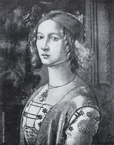 Quadro su tela The portrait of Ginevra Benchi (detail) by Domenico Ghirlandaio in the vintage book Leonardo da Vinci by A