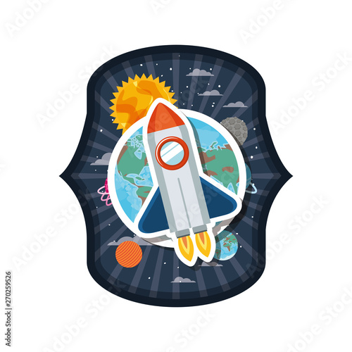 frame with rocket flying and planets of the solar system