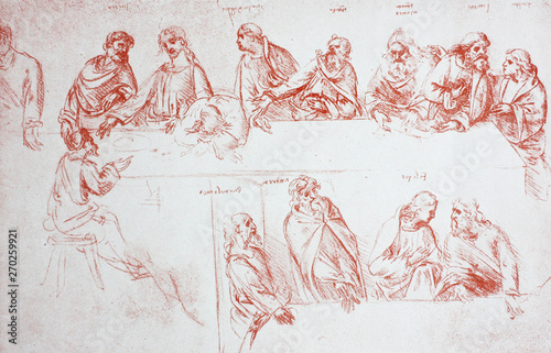 Sketch of last supper by Leonardo da Vinci in the vintage book Leonardo da Vinci by A.L. Volynskiy, St. Petersburg, 1899 photo