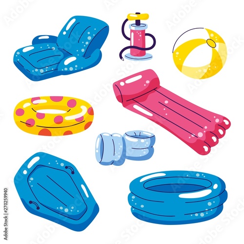 Pool cute kids inflatable floats, vector isolated design elements. Chair, ball, ring, pool, raft icons isolated on white background.