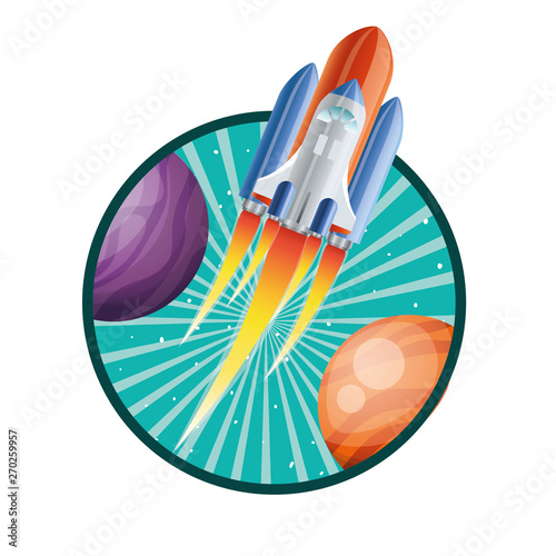 frame with rocket flying and planets of the solar system
