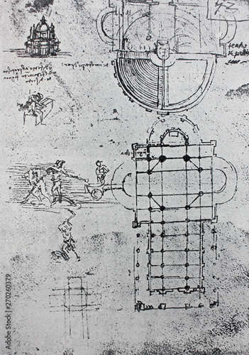 Sketches of people, cross, church, mechanism. Manuscripts of Leonardo da Vinci. Code B Folio 52 recto in the vintage book Leonardo da Vinci by A.L. Volynskiy, St. Petersburg, 1899 photo