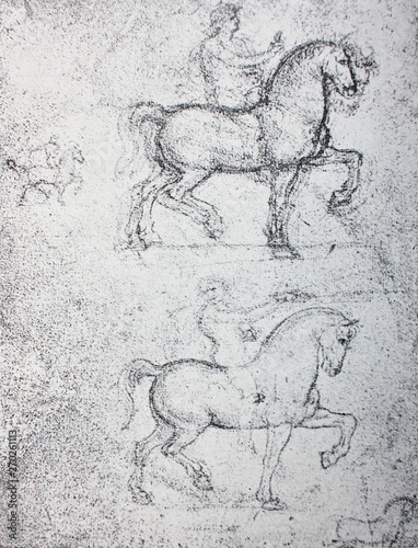 The sketches of the horses by  Leonardo da Vinci in the vintage book Leonardo da Vinci by A.L. Volynskiy, St. Petersburg, 1899 photo