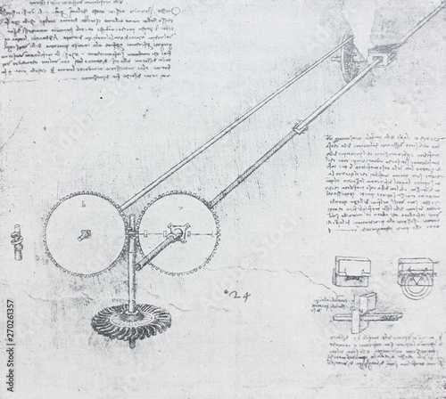 The mechanisms. Atlantic code 2 recto b. By Leonardo Da Vinci in the vintage book Leonardo da Vinci by A.L. Volynskiy, St. Petersburg, 1899