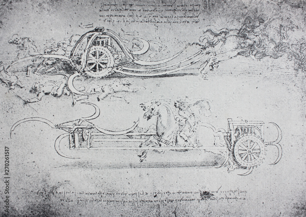 Obraz premium The sketches of weapon of horse with cart and knives by Leonardo da Vinci in the vintage book Leonardo da Vinci by A.L. Volynskiy, St. Petersburg, 1899