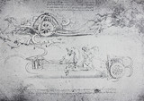 The sketches of weapon of horse with cart and knives by Leonardo da Vinci in the vintage book Leonardo da Vinci by A.L. Volynskiy, St. Petersburg, 1899