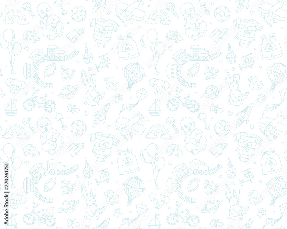 Newborn boy baby shower seamless doodle line pattern birthday party.