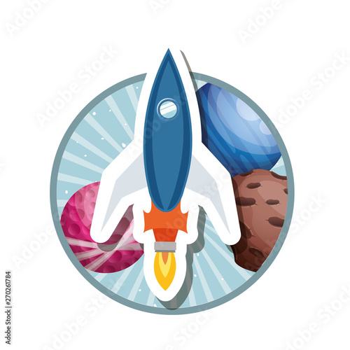 frame with rocket flying and planets of the solar system