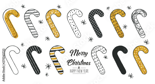 Set of hand drawn christmas Candy Cane. Decoration isolated elements. Doodles and sketches vector illustration  photo