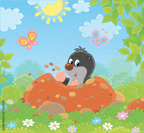Funny little mole digging its small burrow in a green garden on a sunny summer day, vector illustration in a cartoon style