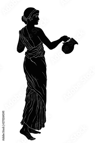 An ancient Greek woman in a tunic is standing with a jug in her hands. Vector image isolated on a white background.