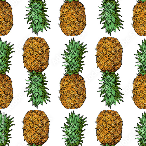 Pineapple with leaves.Seamless pattern with tropical fruits on white background.Bright summer