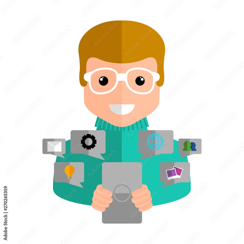 Community manager with a smartphone and social media icons - Vector Community manager with a smartphone and social media icons - Vector