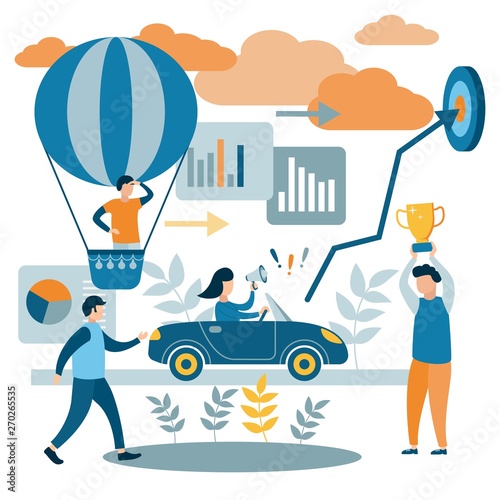 People reach their goals. The concept of different paths to success. Leaders and losers of the race. Vector flat illustration.