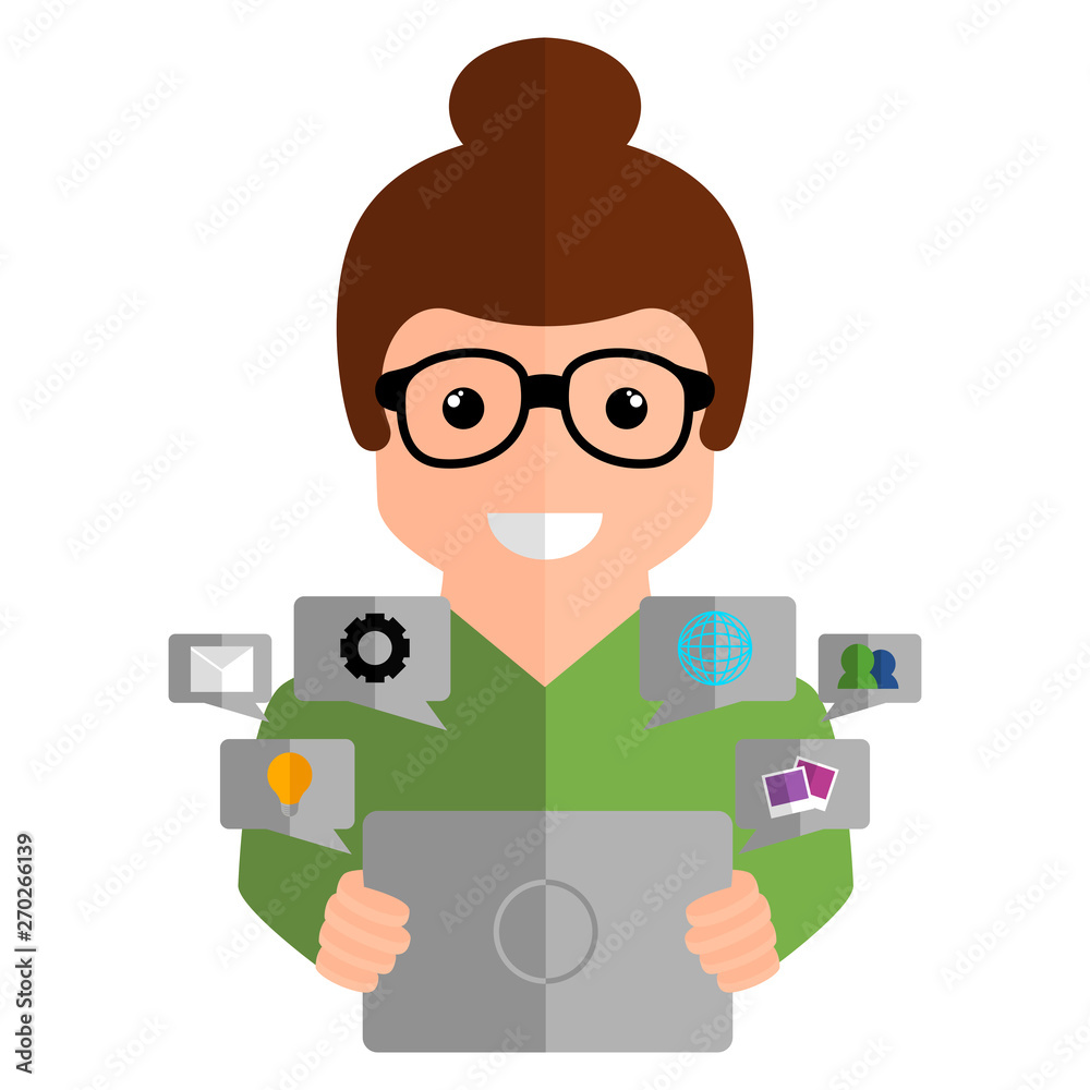 Community manager with a tablet and social media icons - Vector Community manager with a tablet and social media icons - Vector