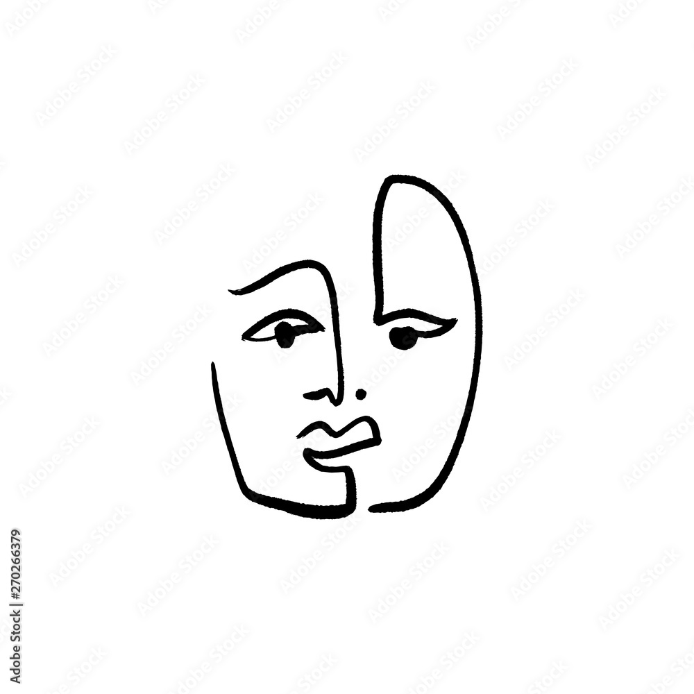 Simple hand drawn black and white trendy line drawing face. Abstraction. Monochrome print for clothes, textile and other. Vector