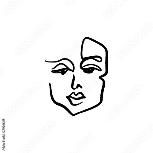 Simple hand drawn black and white trendy line drawing face. Abstraction. Monochrome print for clothes  textile and other. Vector