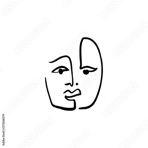 Simple hand drawn black and white trendy line drawing face. Abstraction. Monochrome print for clothes, textile and other. Vector