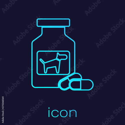 Turquoise Dog medicine bottle and pills line icon isolated on blue background. Container with pills. Prescription medicine for animal. Vector Illustration