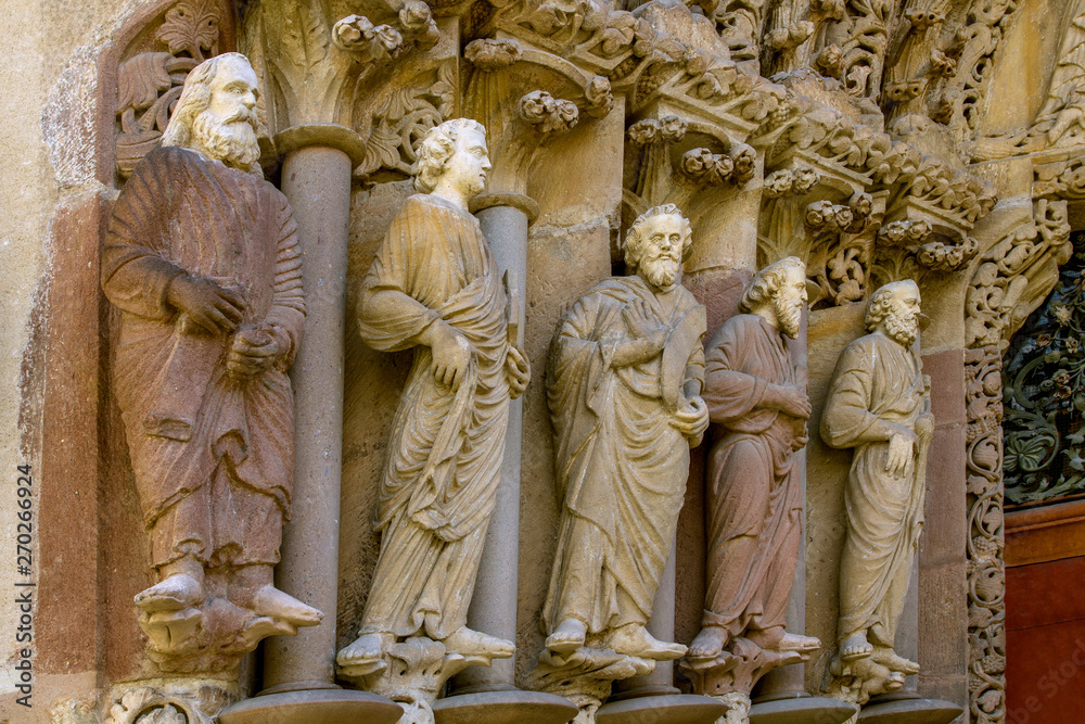  Statues of apostles of unique portal Porta Coeli.  Monastery of Porta Coeli. Gothic portal Romanesque-Gothic Basilica of the Assumption of the Blessed Virgin Mary. Built in 1230. 