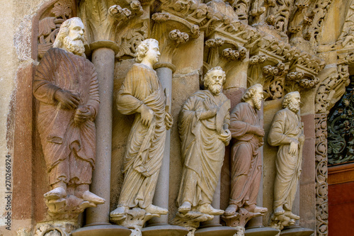  Statues of apostles of unique portal Porta Coeli.  Monastery of Porta Coeli. Gothic portal Romanesque-Gothic Basilica of the Assumption of the Blessed Virgin Mary. Built in 1230. "Heaven's Gate" .  P