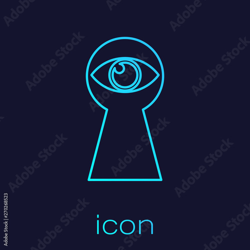 Turquoise Keyhole with eye line icon isolated on blue background. The eye looks into the keyhole. Keyhole eye hole. Vector Illustration