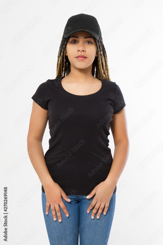 Template blank black t shirt and baseball hat. African american woman in summer clothes with copy space isolated on white background. Afro hairstyle. Mock up, place for print. Closeup girl front view Template blank black t shirt and baseball hat. African american woman in summer clothes with copy space isolated on white background. Afro hairstyle. Mock up, place for print. Closeup girl front view
