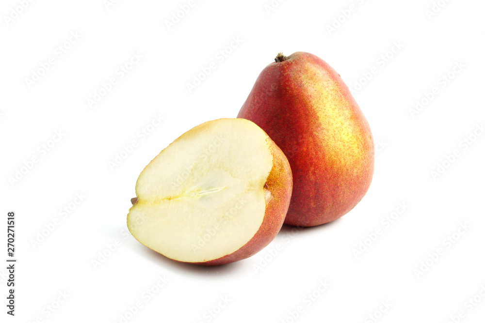 Ripe Red pears full and half fruit isolated on white background Ripe Red pears full and half fruit isolated on white background