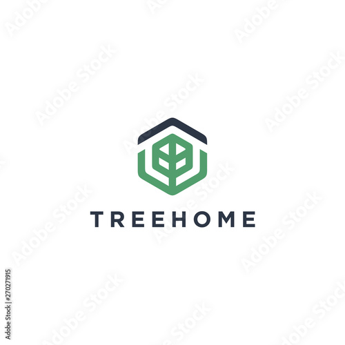 hexagon tree home logo design Template